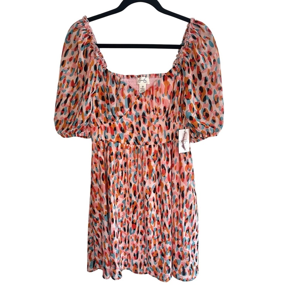 Jessica Simpson Smocked Dress M Pink Abstract Leopard Print Puff Sleeve Mini NEW